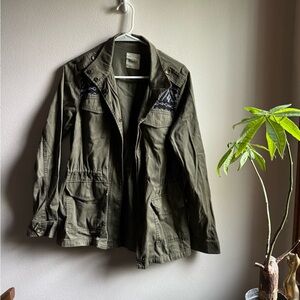 Olive Army Green Jacket with Embroidery Pattern